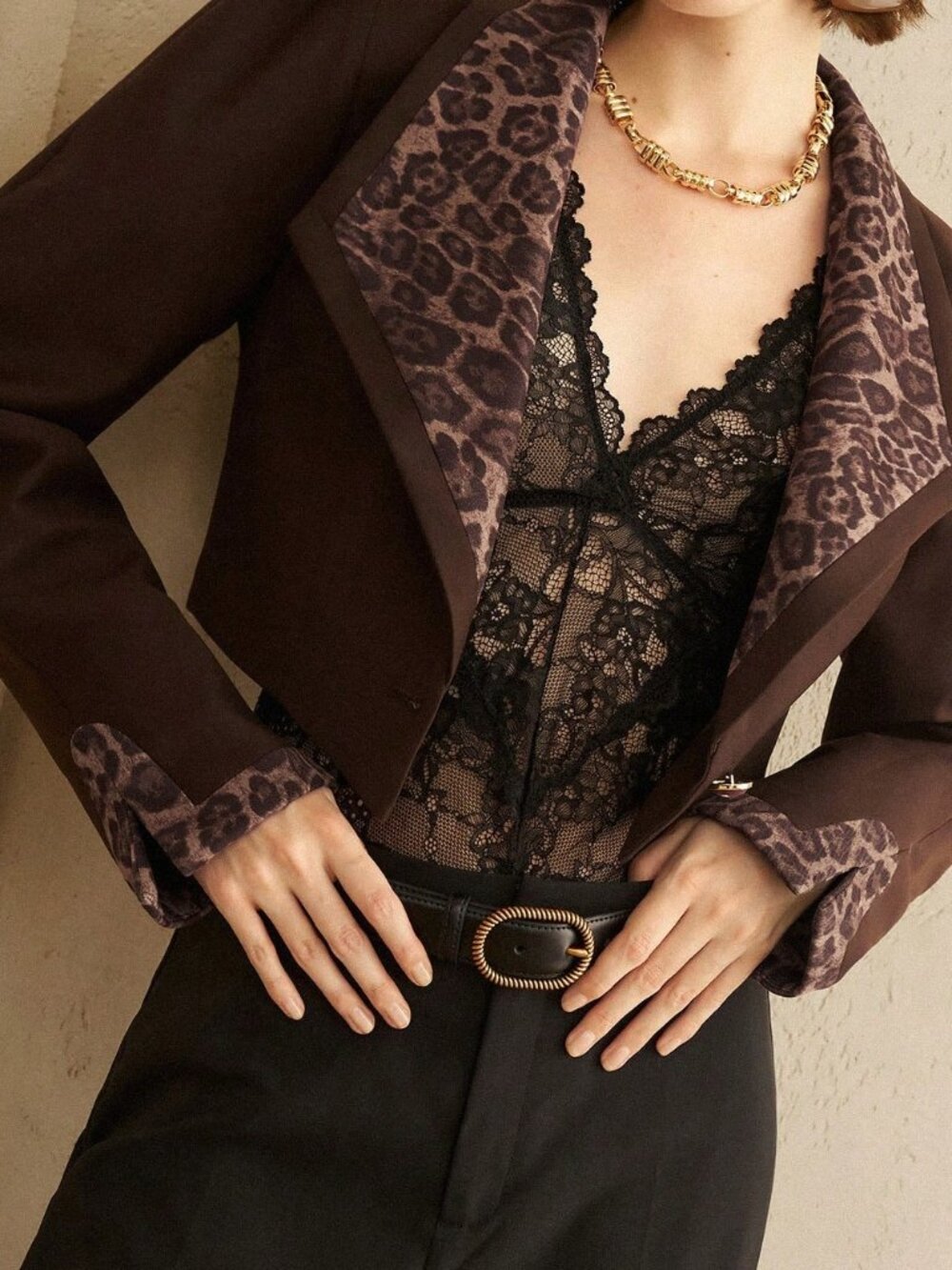 Brown Elegant Women's Contrast Lace Regular Fit Crop Short Jacket